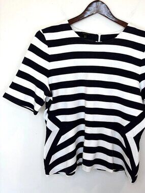 Talbots Bold Striped Knit Peplum Top Sz XL Black and White Short Sleeve Nautical